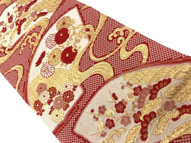 6334589: Japanese Kimono / Vintage Nagoya Obi / Woven Rough Wave & Kiku