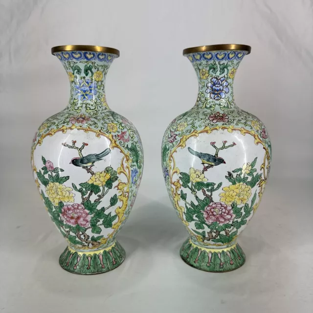 10" Antique Chinese Cloisonne Enamel Copper Dynasty Flower Birds Bottle Vases