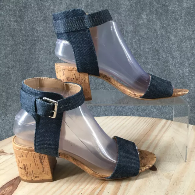 Merona Sandals Womens 7.5 Talia Quarter Ankle Strap Blue Denim Block Heel Casual