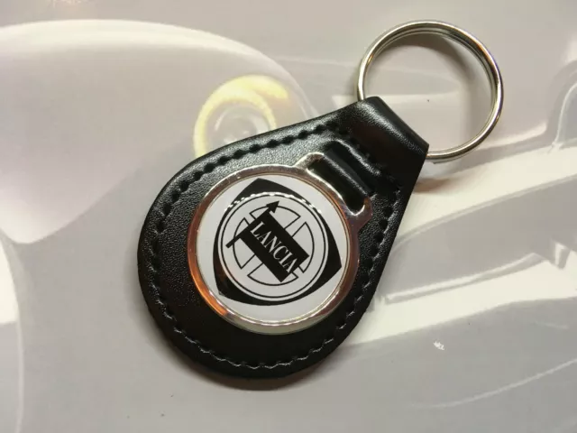 Round Printed Lancia Logo Black Leather Key Ring Prisma Thema Thesis Dedra