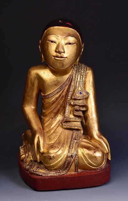 19th Century, Antique Tai Yai Burmese Wooden Seated Disciple / Monk