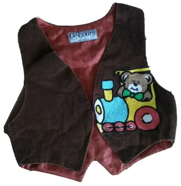DE LOURS vintage childs boys vest size 4 brown corduroy embroidered bear train