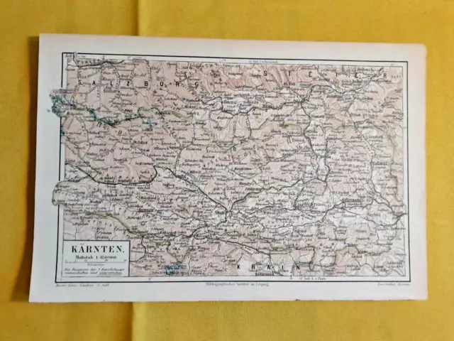 1910s ORIGINAL VINTAGE MAP Carinthia Austria Meyers Konversations-Lexikon C10-1