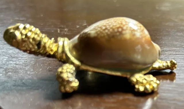 Vintage Mini Cowrie Seashell Tortoise Turtle Figurine Handmade Art Gold Tone