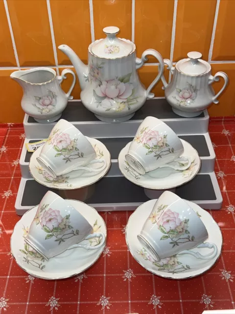 11pc VTG 1990’s Pink Floral Tea Set Cups, Saucers, T-Pot, Sugar Bowl & Milk Jug