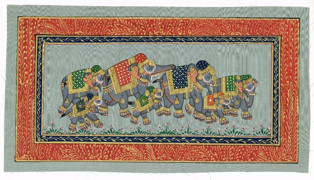 Main Peint Indien Décoré Éléphant Peinture Miniature Œuvre Sur Soie Vêtements