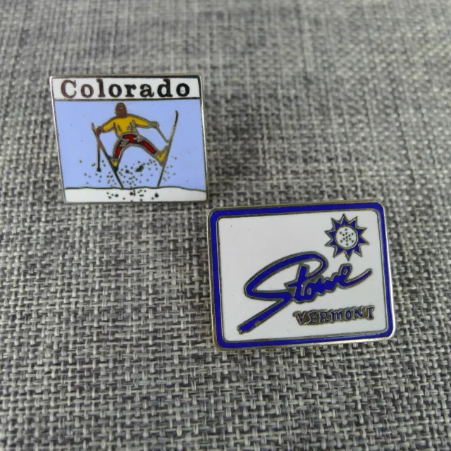 2 Vintage Ski Resort Souvenir Pins Stowe Vermont And Colorado Cloisonné