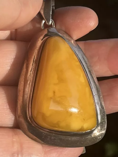 Antique Large S925 Natural Baltic Egg Yolk Butterscotch Amber Pendant 22.9g