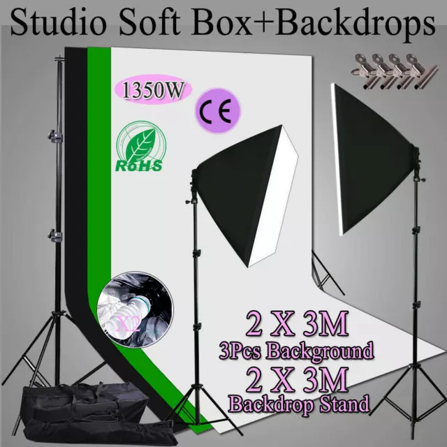 Photography Softbox Lighting+2X3M Black White Green Screen Backdrops Stand Kit