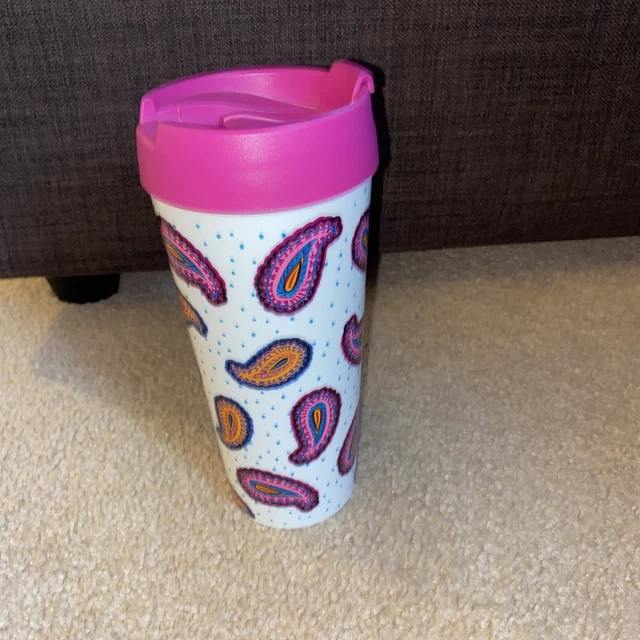 Vera Bradley travel mug coffee cup insulated 16 oz paisley white & pink with lid