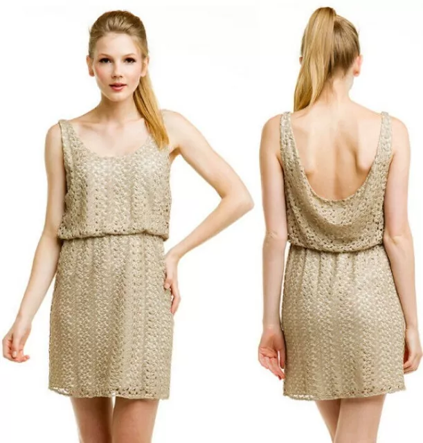 Alice + Olivia Bronze Gold Lace Blouson Cocktail Dress M L $484