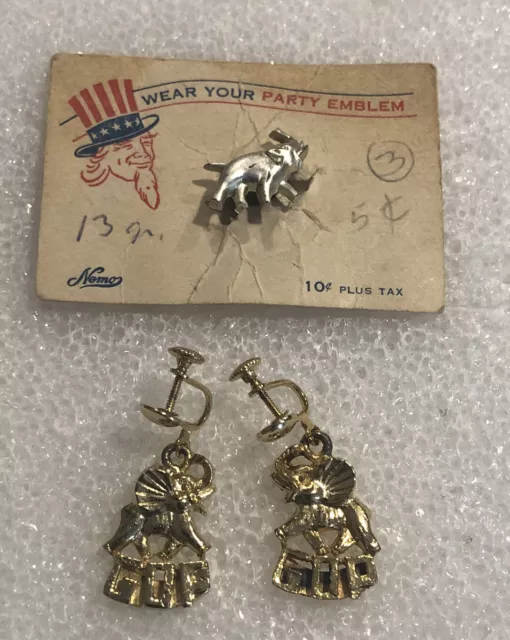 Lot Of Vintage Antique GOP Republican Pin And Earrings Elephant Grand Old Party