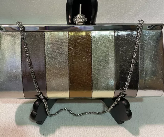 Kate Landry Silver W/Rhinestones Bling Evening Bag Clutch With Chain Strap