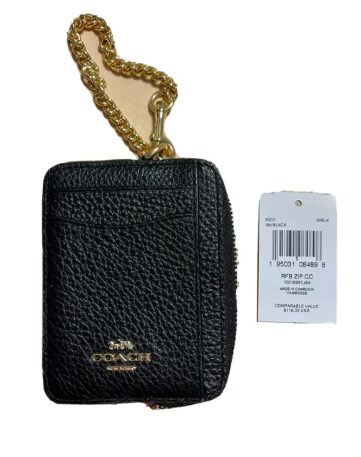 NWT COACH 6303 Zip ID Card Case With Gold Chain Strap BLACK