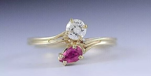 Stunning 14K Yellow Gold Ruby & Sparkling Diamond Toi Et Moi Ring Size all