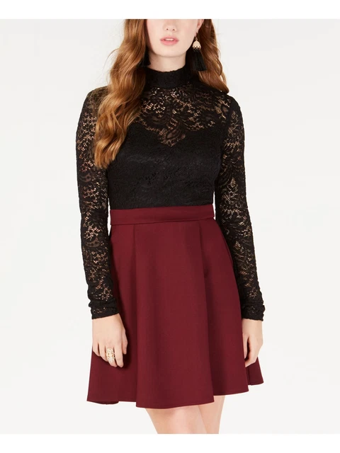B DARLIN Womens Burgundy Long Sleeve Short Party Fit + Flare Dress Juniors 1516