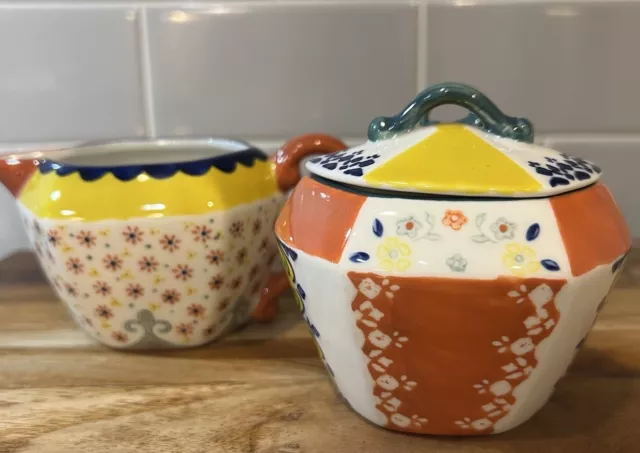 Anthropologie By Biscuit SUGAR BOWL & CREAMER Yellow Blue Orange Floral