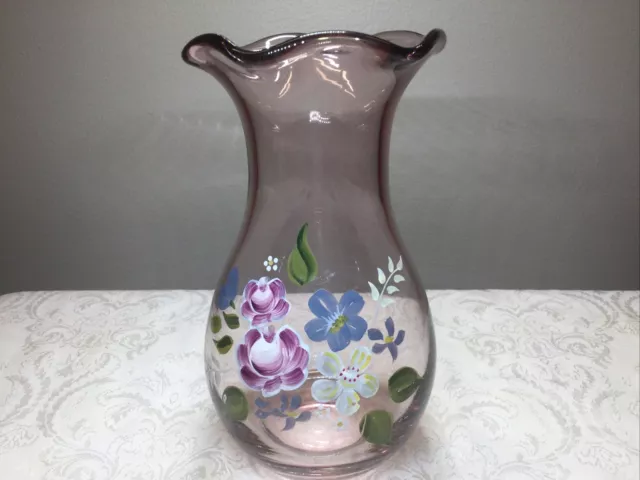 Fenton for Teleflora 8" Ruffled Purple Amethyst Glass Vase, Hand-Painted Flowers