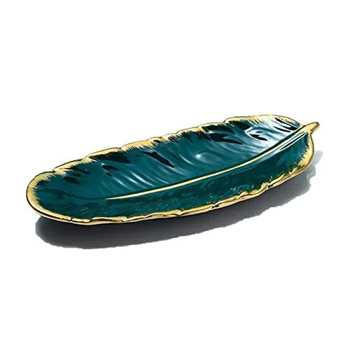 Feather Ceramic Decorative Bowl, Gold Edged Leaf Bowls for Home Decor, Dark