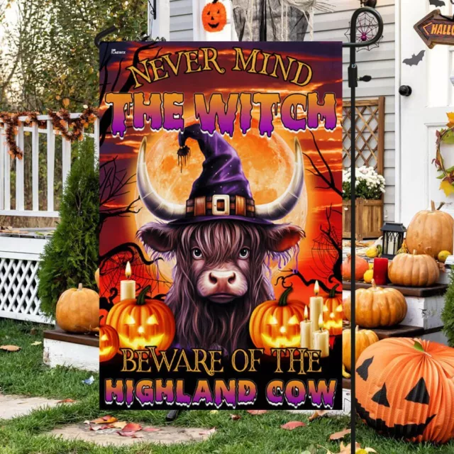 Beware Of The Highland Cow Halloween Pumpkin Flag Halloween Welcome Garden Flag