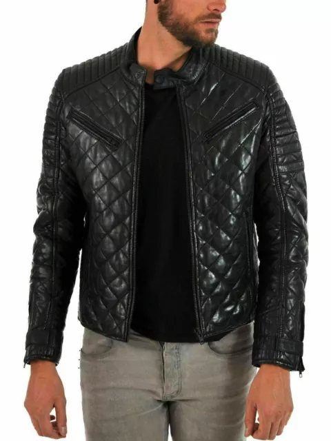 Men genuine lambskin leather Classic Quilted Puffer Biker Black Coat Jacket