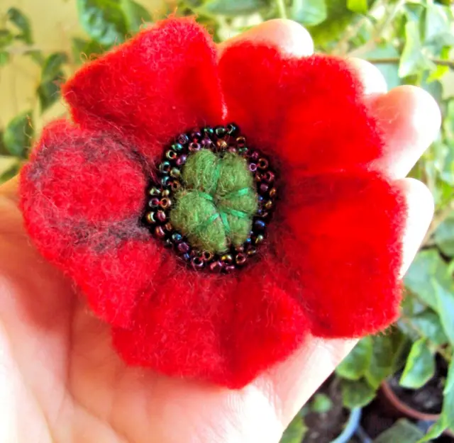 Red Poppy Pin Brooch Handmade Felted Wool Flower Jewelry Remembrance Day Gift