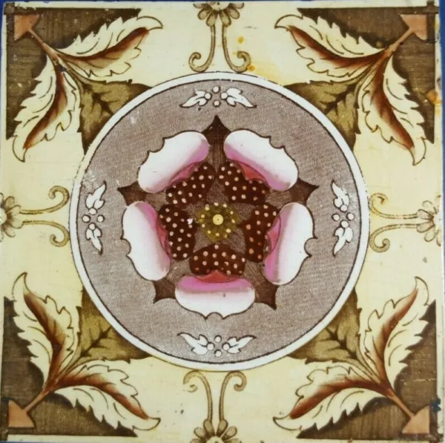 Original Vintage Victorian Ceramic Tile Stylised Flower Design - 6" Square