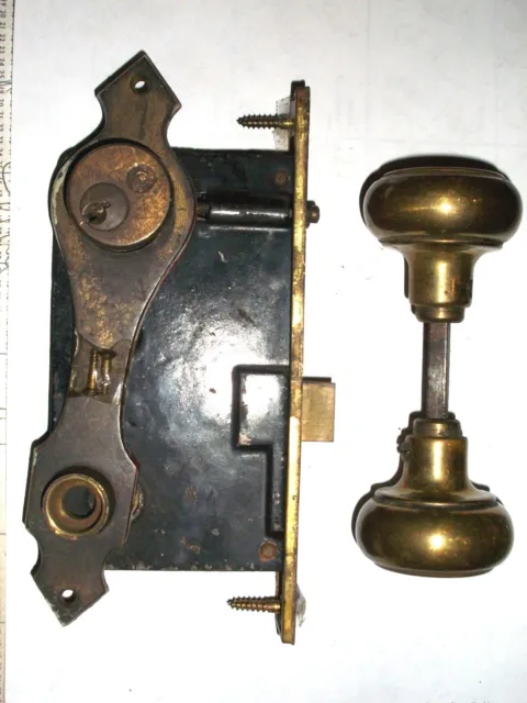 Antique Formal Exterior Mortise Lock With Key Cylinder Backplate and Door Knobs