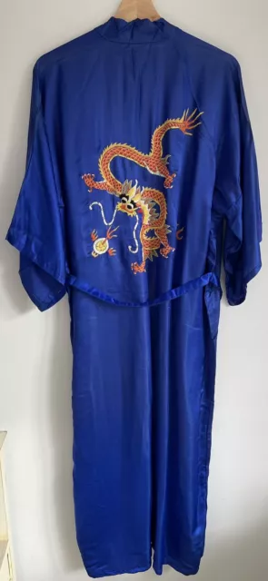 Golden Dragon Silk Kimono Chinese Gown Robe Vintage Blue Embroidered XL Vtg