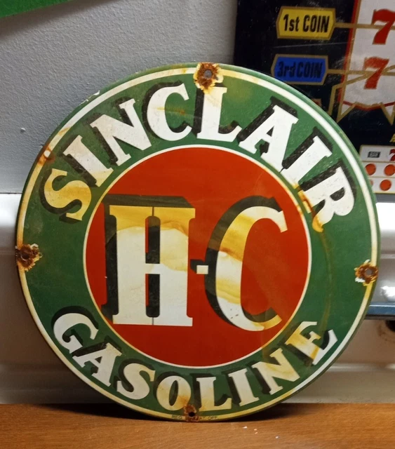 12" SINCLAIR H-C GASOLINE Porcelain Metal Gas Pump Plate Sign
