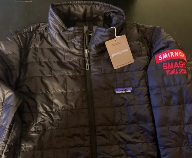 NWT Women's Black Patagonia Nano Puff Jacket Large W/Smirnoff Smash Vodka Patch