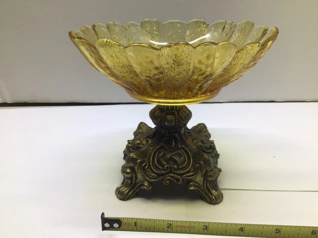 Vintage Amber Art Glass Brass Footed Centerpiece Pedestal Bowl Compote MCM
