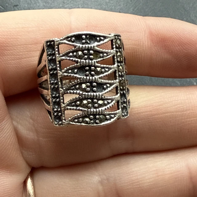 Bague Ancienne Argent Massif 925 – Style Art Déco Avec Agate – Taille 51