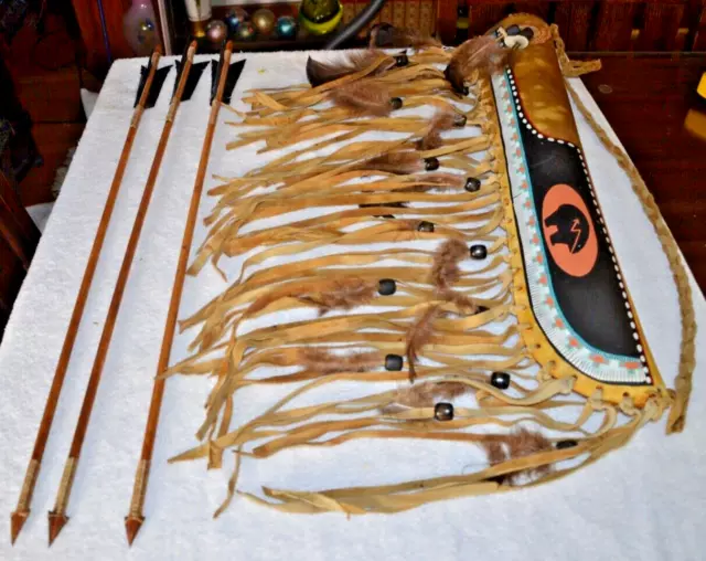 Stunning!! Vintage Native American Navajo Quiver, 3 Arrows, All Leather handmade