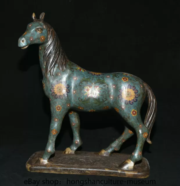 16" Old Chinese Cloisonne Bronze Fengshui Stand Horse Animal Statue Sculpture