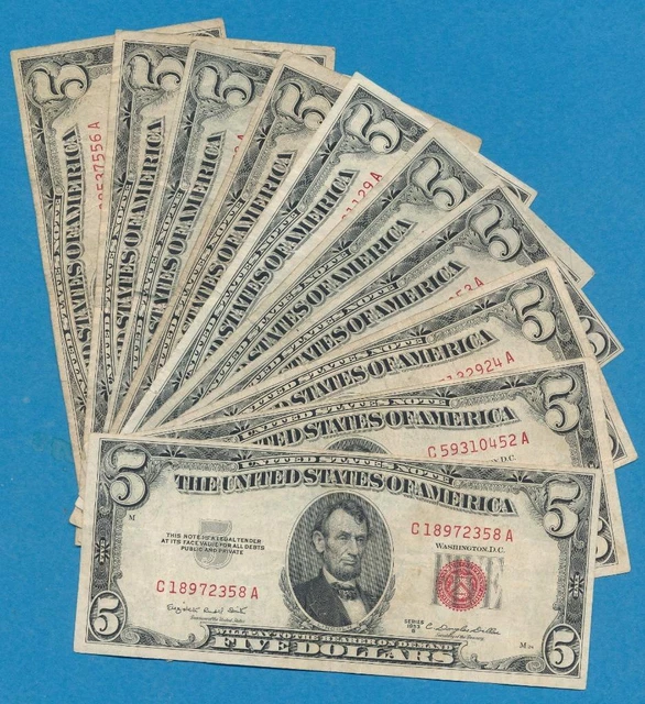 10-$5.00 1953 Mixed Series  Red Seal United States Notes, Dealers Lot