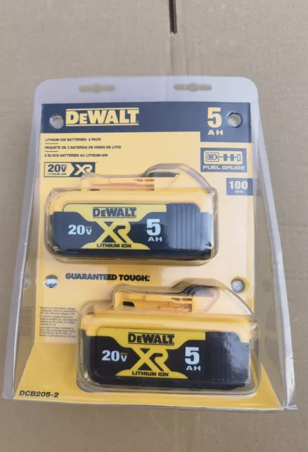 2-Pack DEWALT DCB205-2 20V MAX XR 5.0Ah Lithium Ion Battery,NEW IN PACKAGE