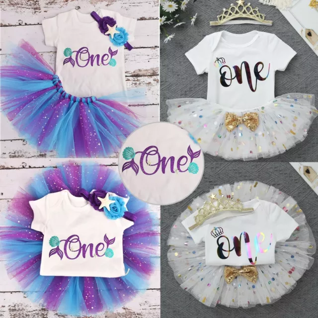Baby Girls 1st Birthday Party Outfit Dress Short Sleeves Romper Tops Tutu Skirt
