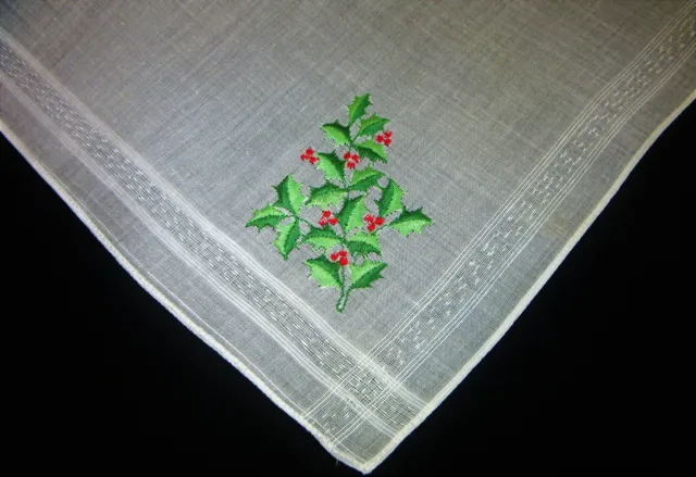 Vintage Hankie Embroidered Christmas Holly & Holly Berries