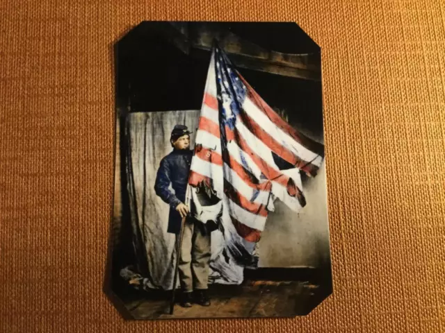 Civil War soldier holding of flag Historical tinted tintype C1231RP