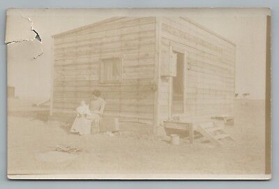 “Home Sweet Home” Wooden Frontier House RPPC Antique Great Plains Photo 1910s