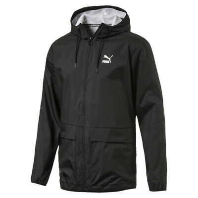 Men's Rain Jacket Puma  Archive Logo Windbreaker Black Full Zip New 573316 01