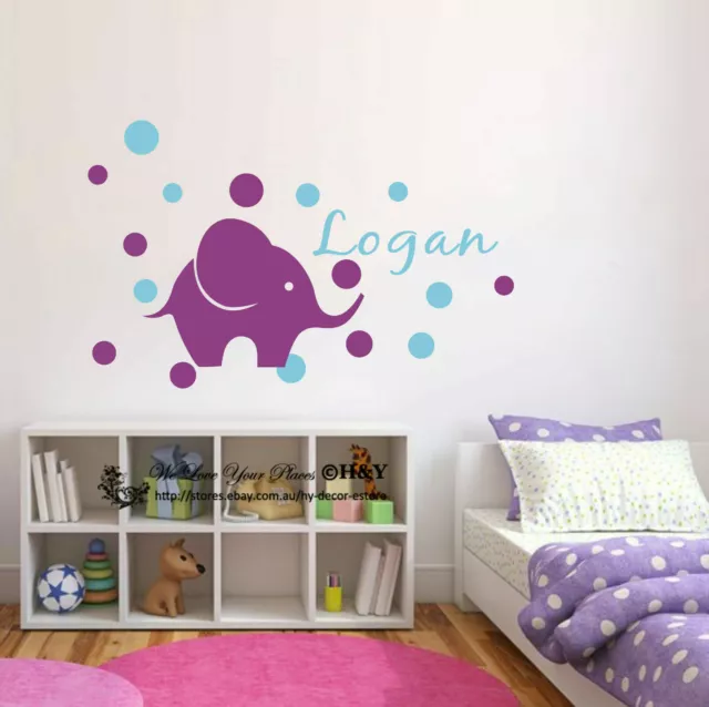 Custom Personalised Name Elephant Dots Wall Art Stickers Kids Nursery Baby Decor