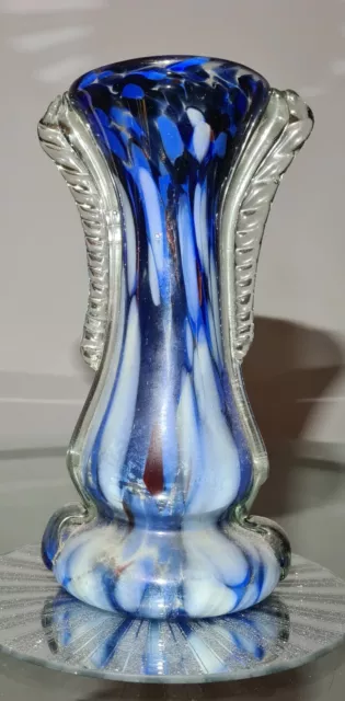 Tall Vintage Glass Vase Hand Blown Romanian Spatter Blue White Winged - 10.5"