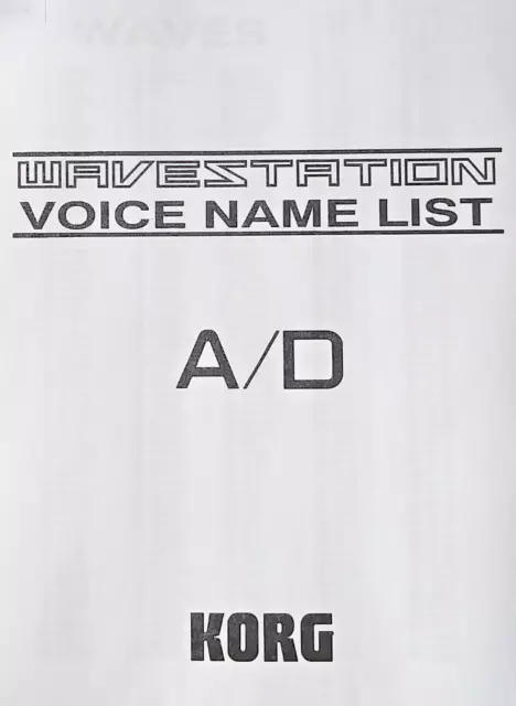 Korg WAVESTATION A/D Voice Name List Supplemental Info Booklet Good Reproduction