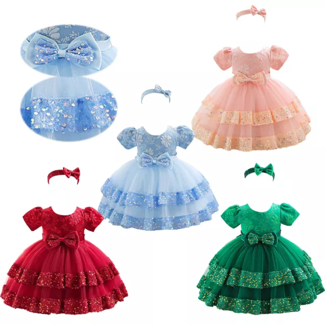 Girls Bridesmaid Dress Baby Flower Kids Party Rose Bow Wedding Dresses +Headband