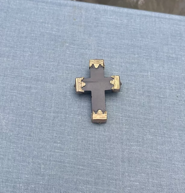 Antique Victorian French Jet Gold Filled Cross C Clasp Pin Pendant