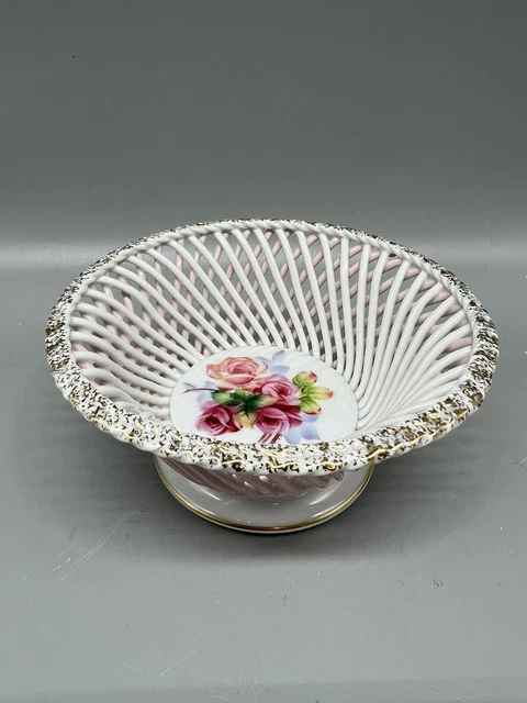 Vintage Ucagco China Round Pink & White Woven Basket Bowl Roses Gold