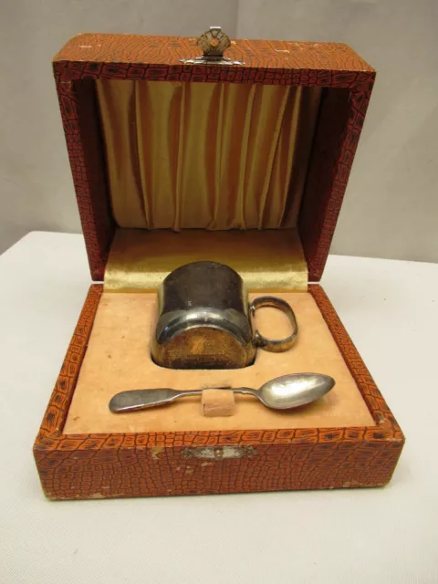 Antik Sterlingsilber Baby Tasse Und Löffel Mit Original Etui Geschenkbox Sammler