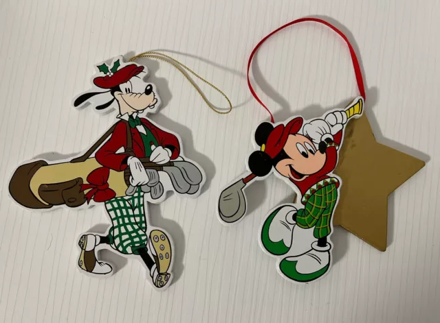 VINTAGE Walt Disney Co. MICKEY Mouse GOOFY CHRISTMAS Ornaments Wooden GOLF RARE